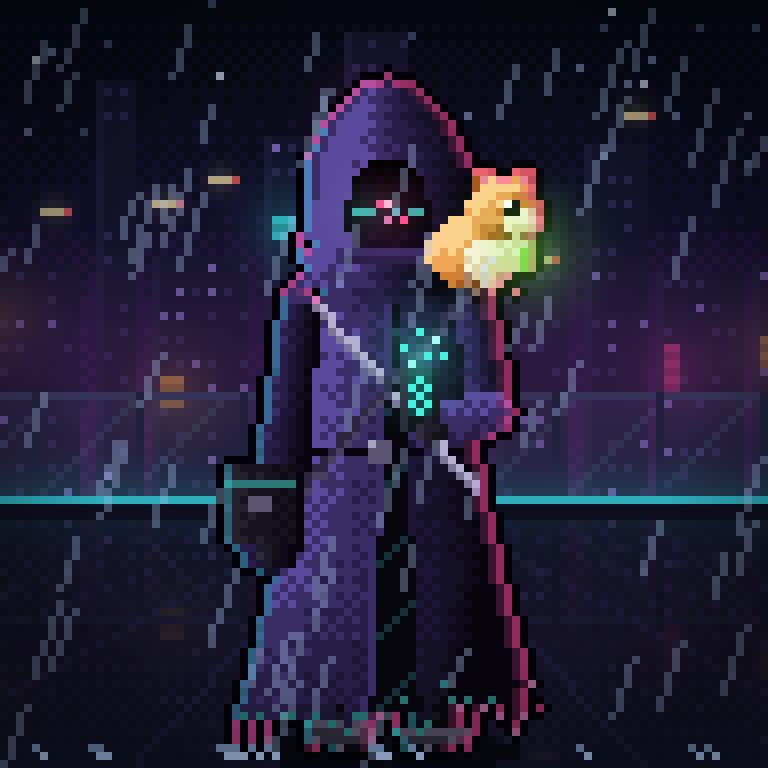 Veridian with a hamster on its shoulder in neon rain